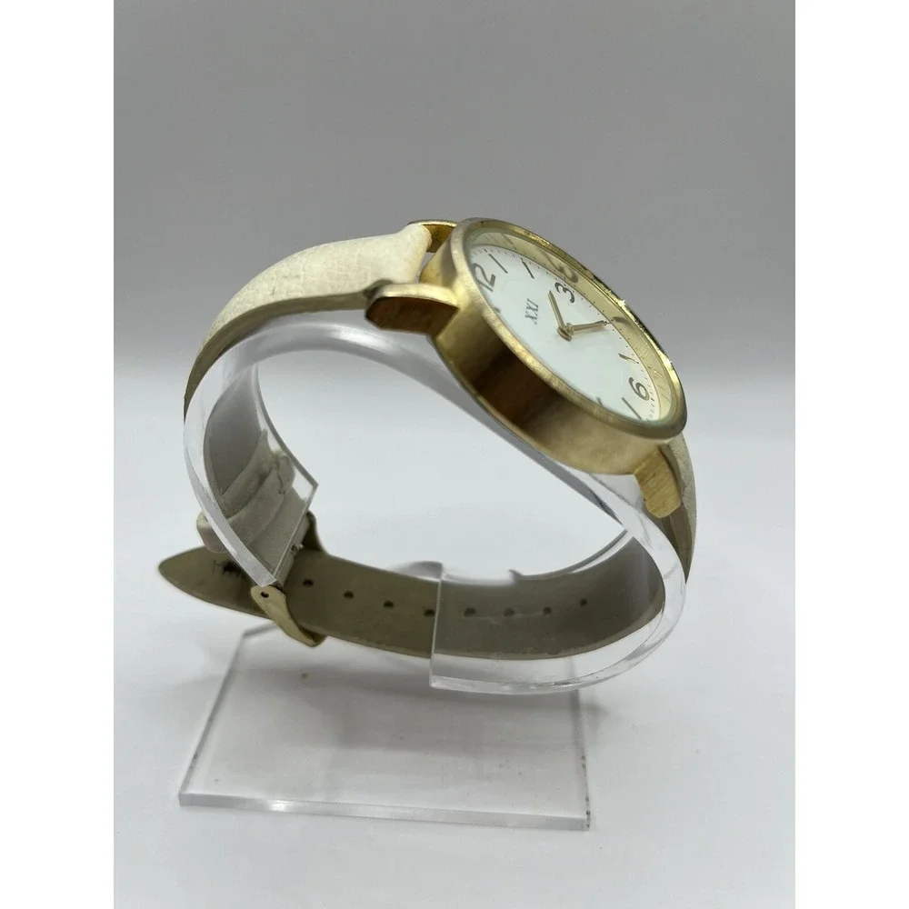 XXI‎ Analog Watch Gold Tone Cream Buckle Band Simple Stylish- New Battery!